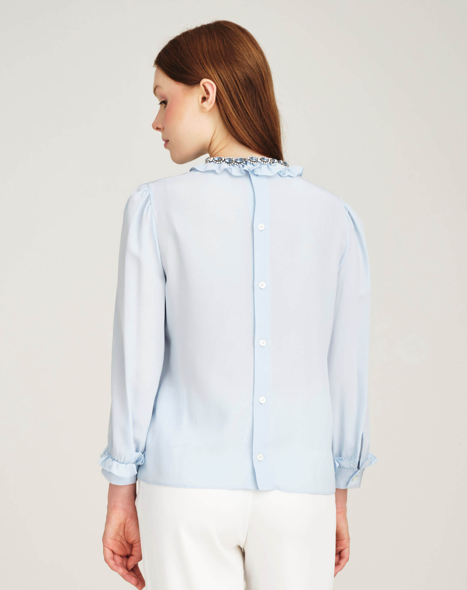 Miu Miu - Baby Blue Ruffled Crystal Collar Embellished Blouse IT 42